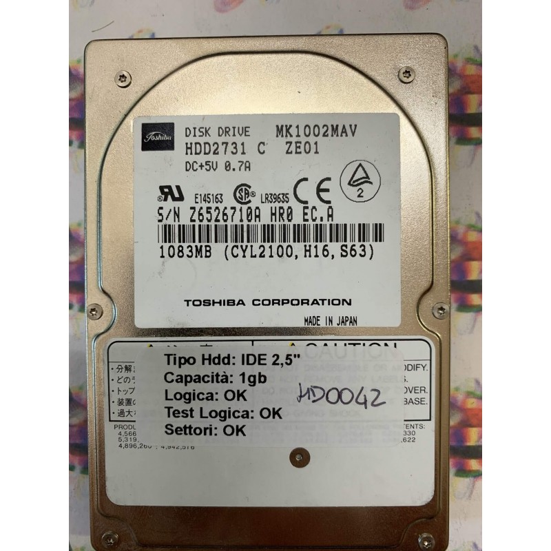 Hard Hard Disk Usato Funzionante 100% Ok IDE 2,5" 1GB TOSHIBA MK1002MAV HDD2731 C ZE01