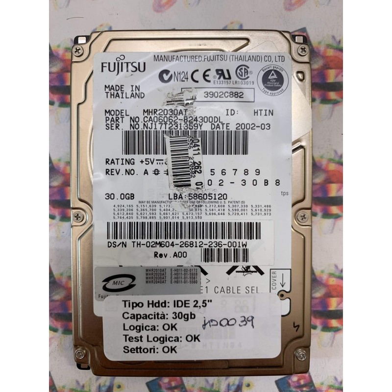 Hard Hard Disk Usato Funzionante 100% Ok IDE 2,5" 30GB FUJITSU MHR2030AT CA06062-B24300DL 2002-03