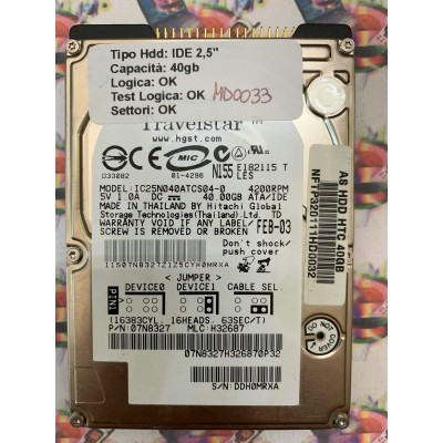 Hard Hard Disk Usato Funzionante 100% Ok IDE 2,5" 40GB HITACHI IC25N040ATCS04-0 07N8327 H32687 FEB 03