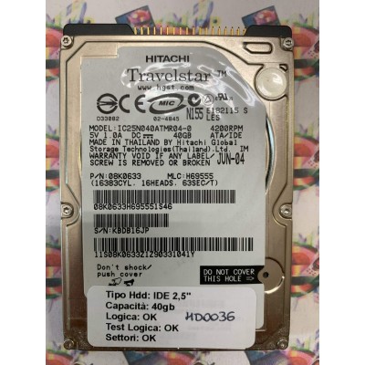 Hard Hard Disk Usato Funzionante 100% Ok IDE 2,5" 40GB HITACHI IC25N040ATMR04-0 08K0633 H69555 JUN 04