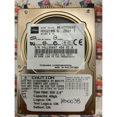 Hard Hard Disk Usato Funzionante 100% Ok IDE 2,5" 40GB TOSHIBA MK4025GAS HDD2190 C ZE01 T