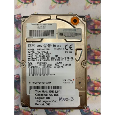 Hard Hard Disk Usato Funzionante 100% Ok IDE 2,5" 720MB IBM DB0A-2720 29H9529 E15635 FEB-96