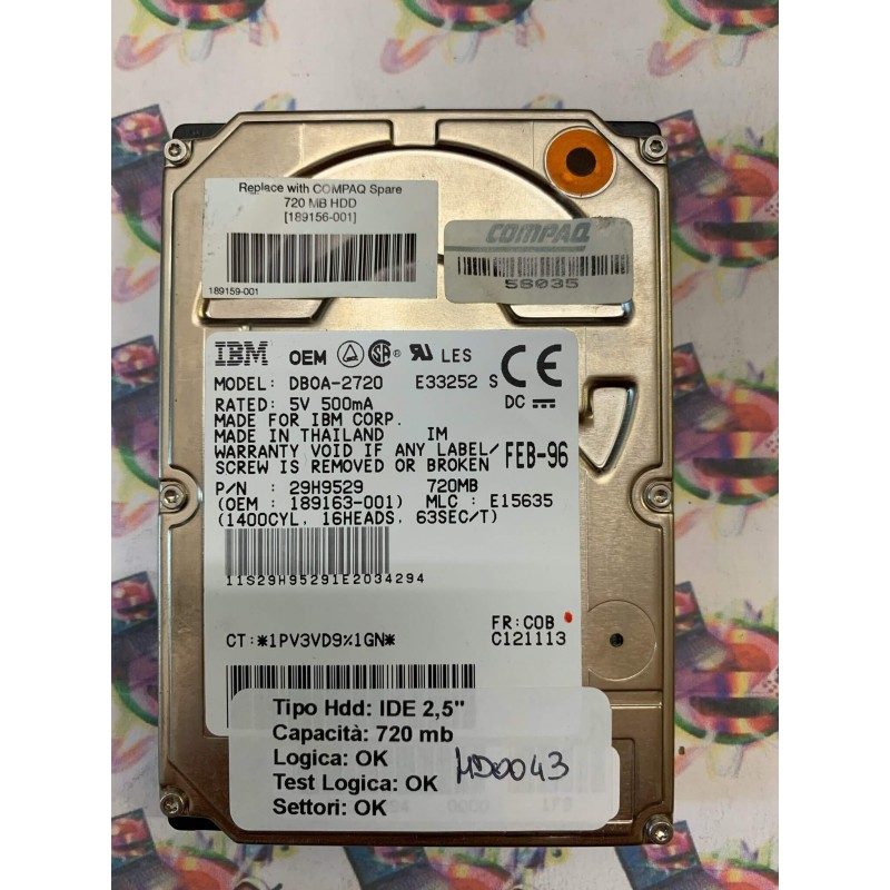 Hard Hard Disk Usato Funzionante 100% Ok IDE 2,5" 720MB IBM DB0A-2720 29H9529 E15635 FEB-96