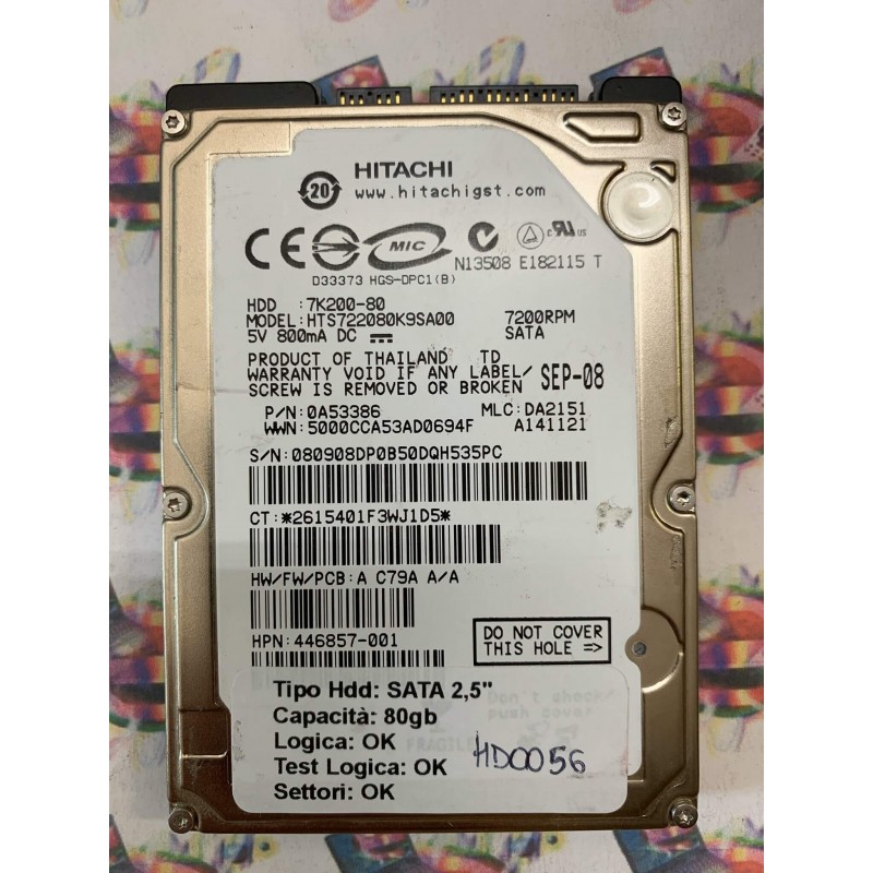 Hard Hard Disk Usato Funzionante 100% Ok SATA 2,5" 80GB HITACHI HTS722080K9SA00 0A53386 DA2151 A141121 SEP-08