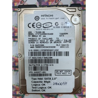Hard Hard Disk Usato Funzionante 100% Ok SATA 2,5" 80GB HITACHI HTS722080K9SA00 0A53386 DA2151 A841121 JUN-08