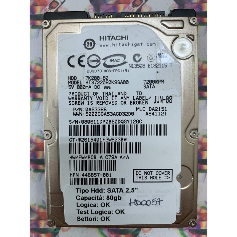 Hard Hard Disk Usato Funzionante 100% Ok SATA 2,5" 80GB HITACHI HTS722080K9SA00 0A53386 DA2151 A841121 JUN-08