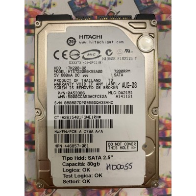Hard Hard Disk Usato Funzionante 100% Ok SATA 2,5" 80GB HITACHI HTS722080K9SA00 0A53386 SA2151 A141121 AUG-08