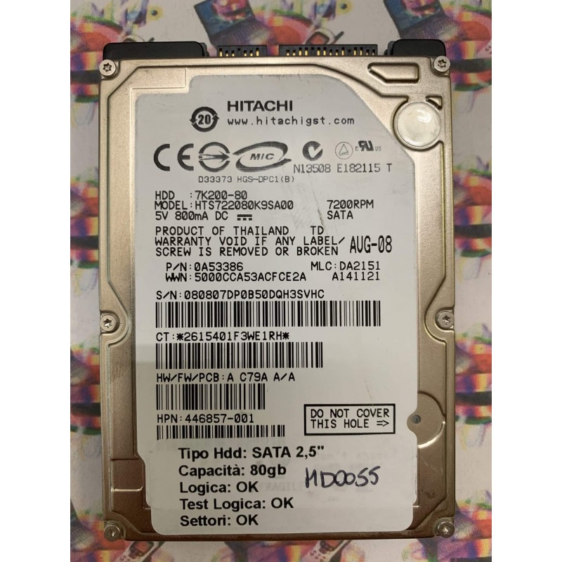 Hard Hard Disk Usato Funzionante 100% Ok SATA 2,5" 80GB HITACHI HTS722080K9SA00 0A53386 SA2151 A141121 AUG-08