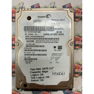 Hard Hard Disk Usato Funzionante 100% Ok SATA 2,5" 80GB SEAGATE ST980813AS 9EV131-620 3.BHD 08456 WU