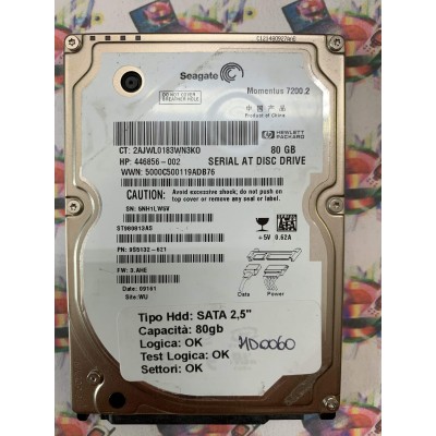 Hard Hard Disk Usato Funzionante 100% Ok SATA 2,5" 80GB SEAGATE ST980813AS 9EV131-621 3.AHE 09161 WU