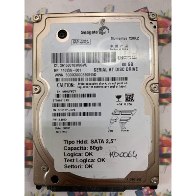 Hard Hard Disk Usato Funzionante 100% Ok SATA 2,5" 80GB SEAGATE ST980813AS 9S5132-620 3.BHD 08181 WU