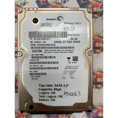 Hard Hard Disk Usato Funzionante 100% Ok SATA 2,5" 80GB SEAGATE ST980813AS 9S5132-620 3.BHD 08456 WU