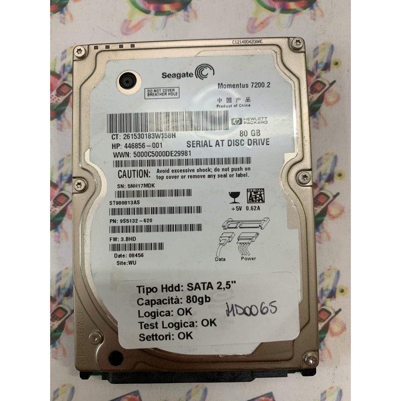 Hard Hard Disk Usato Funzionante 100% Ok SATA 2,5" 80GB SEAGATE ST980813AS 9S5132-620 3.BHD 08456 WU