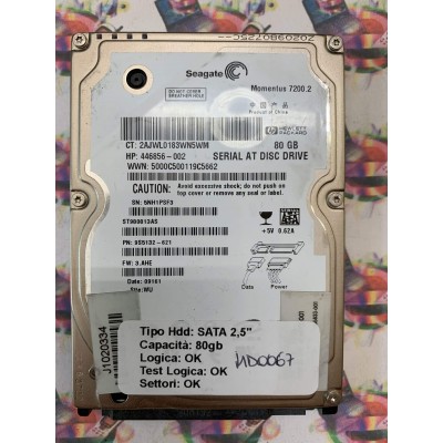 Hard Hard Disk Usato Funzionante 100% Ok SATA 2,5" 80GB SEAGATE ST980813AS 9S5132-621 3.AHE 09161 WU