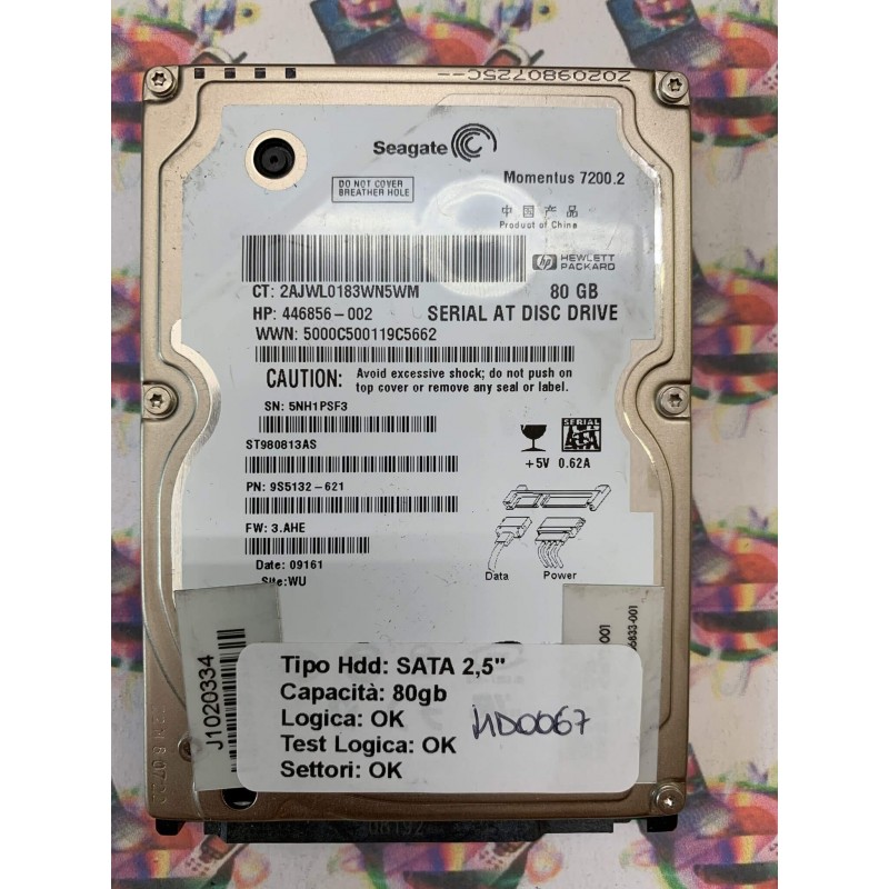 Hard Hard Disk Usato Funzionante 100% Ok SATA 2,5" 80GB SEAGATE ST980813AS 9S5132-621 3.AHE 09161 WU