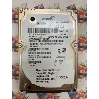 Hard Hard Disk Usato Funzionante 100% Ok SATA 2,5" 80GB SEAGATE ST980913AS 9S5132-621 3.AHE 09177 WU