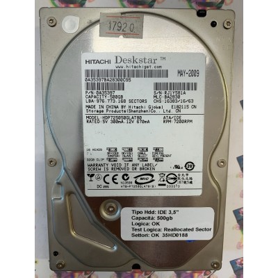 Hard Disk Usato Semifunzionante IDE 3,5" 500gb HITACHI HDP725050GLAT80 0A35397 BA2830 MAY 2009
