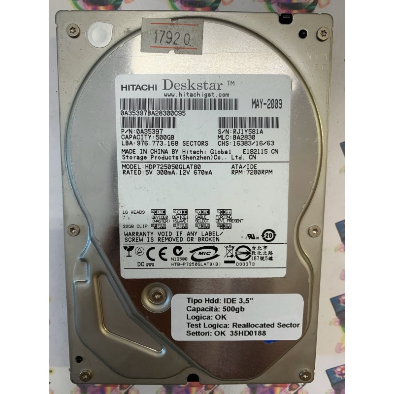 Hard Disk Usato Semifunzionante IDE 3,5" 500gb HITACHI HDP725050GLAT80 0A35397 BA2830 MAY 2009