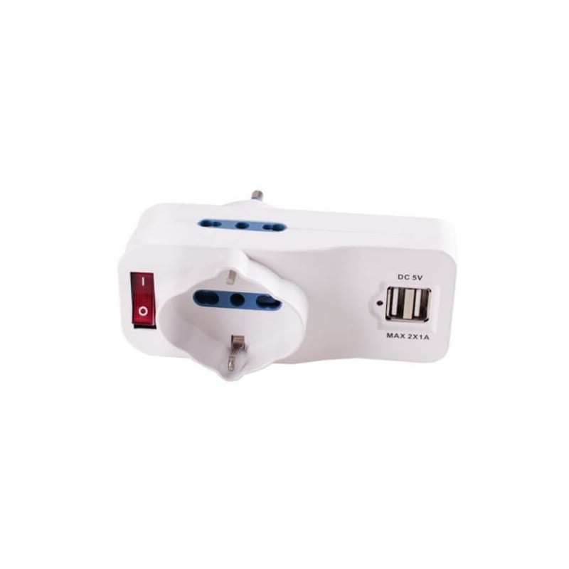 Adattatore tripolare con 2 porte USB 1 Schuko 2 Bipasso Vultech AT-04