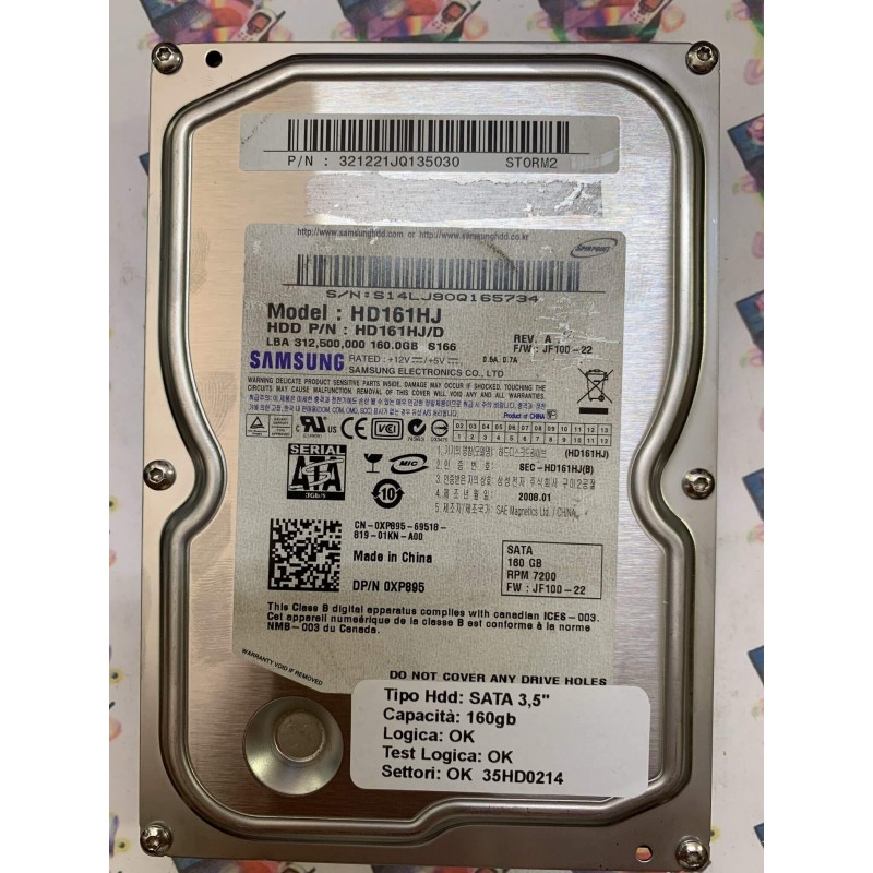 Hard Disk Usato Funzionante 100% Ok SATA 3,5" 160gb SAMSUNG HD161HJ 321221JQ135030  JF100-22 2008.01