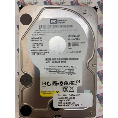 Hard Disk Usato Funzionante 100% Ok SATA 3,5" 500gb WESTERN DIGITAL WD5000AAKS WD5000AAKS-00YGA0 HHRCNT2CHB 29 OCT 2007