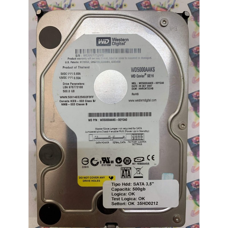 Hard Disk Usato Funzionante 100% Ok SATA 3,5" 500gb WESTERN DIGITAL WD5000AAKS WD5000AAKS-00YGA0 HHRCNT2CHB 29 OCT 2007