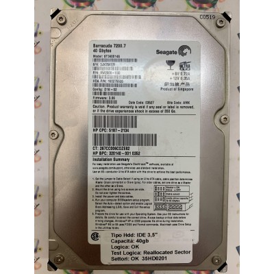 Hard Disk Usato Semifunzionante IDE 3,5" 40gb SEAGATE ST340014A 9W2005-030 3.06 03527 AMK