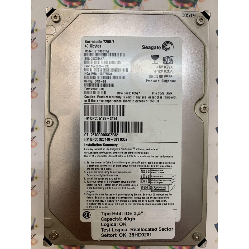 Hard Disk Usato Semifunzionante IDE 3,5" 40gb SEAGATE ST340014A 9W2005-030 3.06 03527 AMK