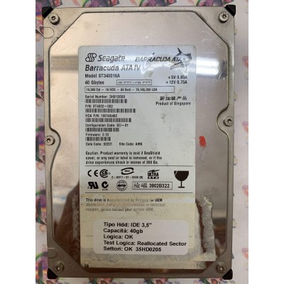 Hard Disk Usato Semifunzionante IDE 3,5" 40gb SEAGATE ST340016A 9T6002-002 3.10 02231 AMK