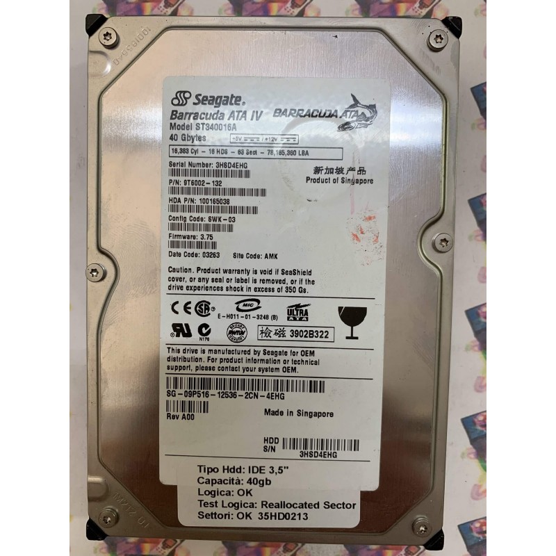Hard Disk Usato Semifunzionante IDE 3,5" 40gb SEAGATE ST340016A 9T6002-132 3.75 03263 AMK