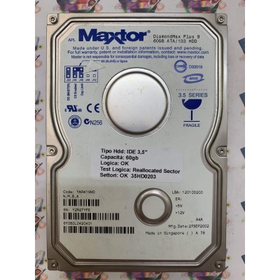 Hard Disk Usato Semifunzionante IDE 3,5" 60gb MAXTOR 6Y060L0 6Y060L0420401 YAR41VW0 27 SET 2002