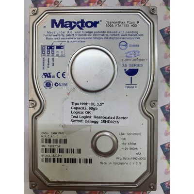 Hard Disk Usato Semifunzionante IDE 3,5" 60gb MAXTOR 6Y060L0 6Y060L0420411 YAR41VW0 19 NOV 2002