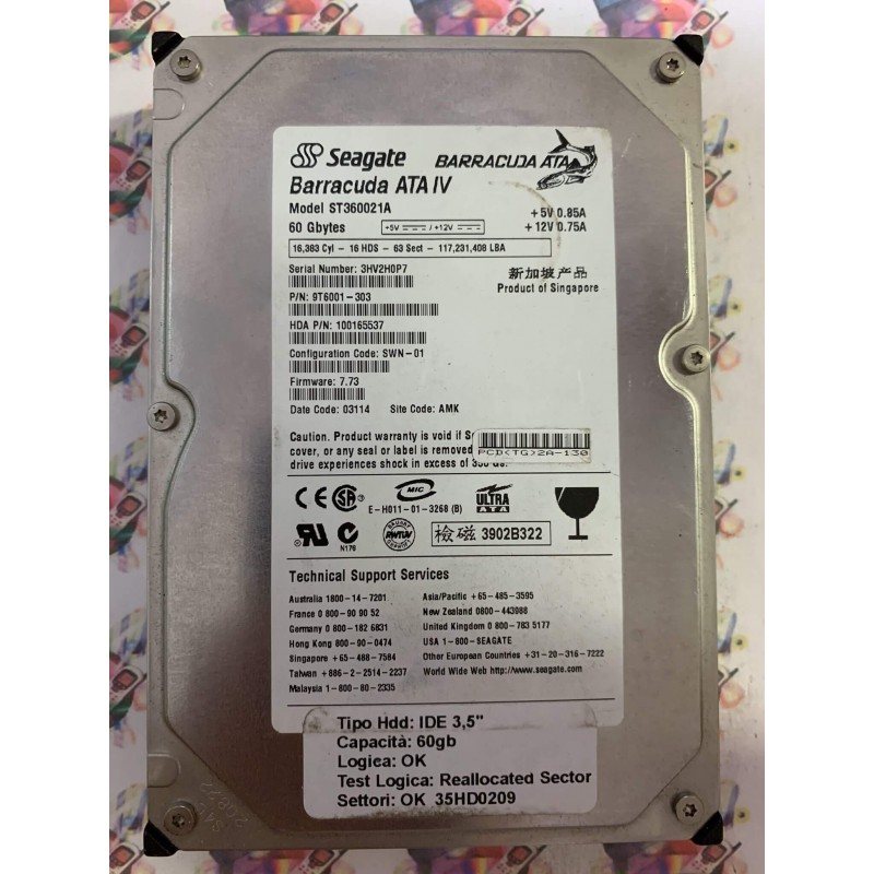 Hard Disk Usato Semifunzionante IDE 3,5" 60gb SEAGATE ST360021A 9T6001-303 7.73 03114 AMK