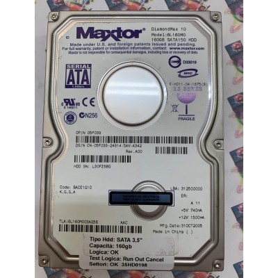 Hard Disk Usato Semifunzionante SATA 3,5" 160gb MAXTOR 6L160M0 BACE1G10 6L16M003AG5B 31 OCT 2005