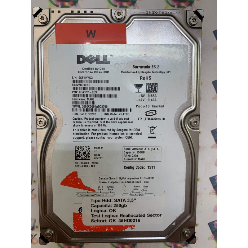 Hard Disk Usato Semifunzionante SATA 3,5" 250gb Dell ST3250310NS 9CA152-053 MA08 10262 KRATSG