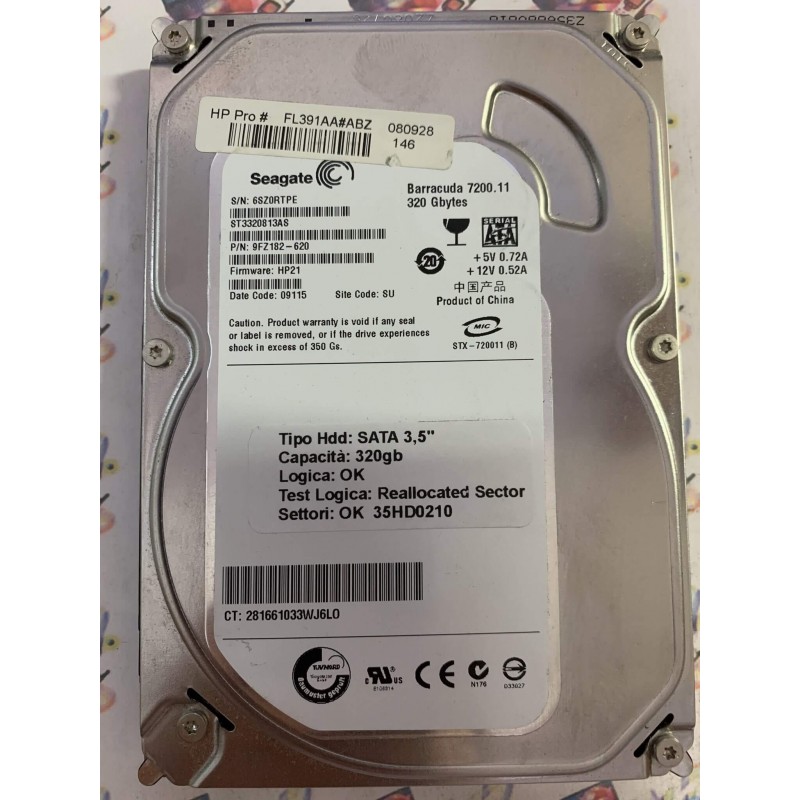 Hard Disk Usato Semifunzionante SATA 3,5" 320gb SEAGATE ST3320813AS 9FZ182-620 HP21 09115 SU