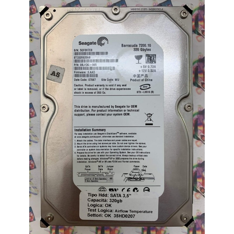Hard Disk Usato Semifunzionante SATA 3,5" 320gb ST3320820AS 9BJ13G-065 3.AAD 07097 WU