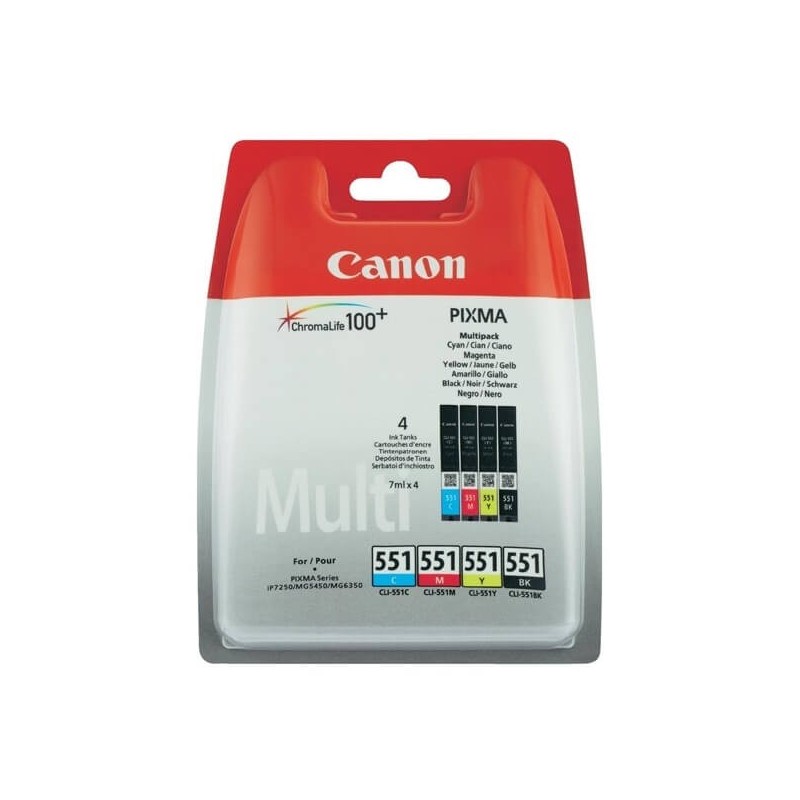 Kit 4 Cartucce Originali Canon 6509B009 CLI551 11ml 350 Pagine BK C M Y Nero Ciano Magenta Yellow