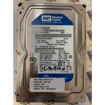 Hard Disk Usato Funzionante 100% Ok SATA 3,5" 160gb WESTERN DIGITAL WD1600AAJS WD1600AAJS-08L7A0 HBNNHT2CG 9002LJ176 05 DEC 201