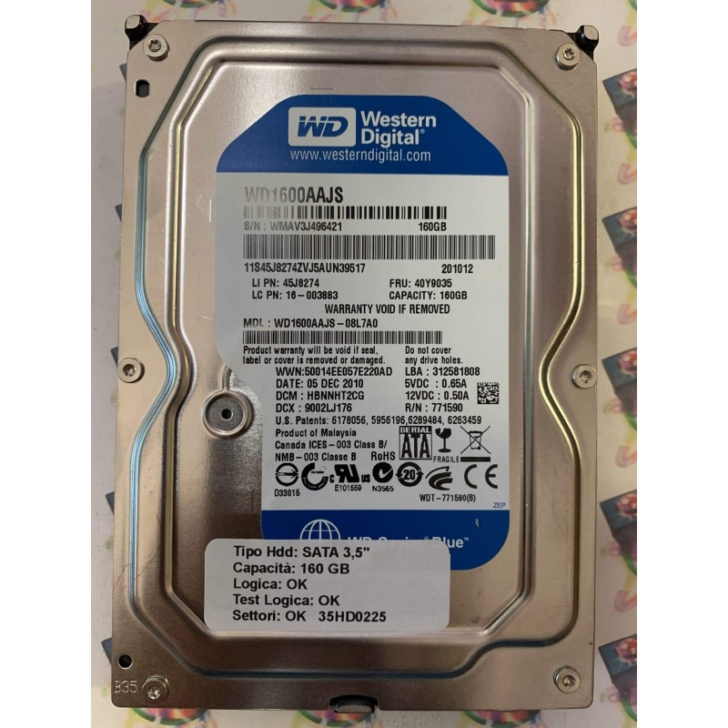 Hard Disk Usato Funzionante 100% Ok SATA 3,5" 160gb WESTERN DIGITAL WD1600AAJS WD1600AAJS-08L7A0 HBNNHT2CG 9002LJ176 05 DEC 201