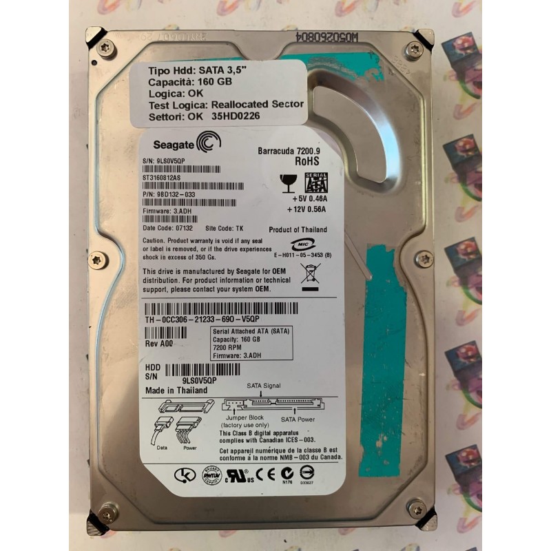 Hard Disk Usato Semifunzionante SATA 3,5" 160gb SEAGATE ST3160812AS 9BD132-033 3.ADH 07132 TK