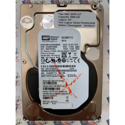 Hard Disk Usato Semifunzionante SATA 3,5" 3000gb WESTERN DIGITAL WD3000FYYZ WD3000FYYZ-05UL1B0 EANNHVJMBB W0781WR4 24 OCT 2013