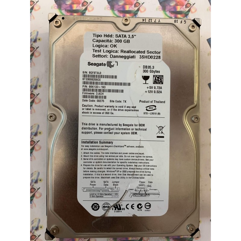 Hard Disk Usato Semifunzionante SATA 3,5" 300gb SEAGATE ST3300820SCE 9BK133-193 3.ACH 08275 TK