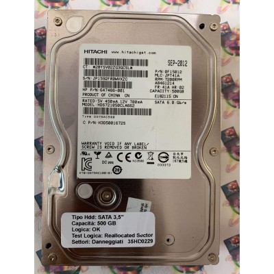 Hard Disk Usato Semifunzionante SATA 3,5" 500gb HITACHI HDS721050CLA662 647466-001 JPT41A 41A 02