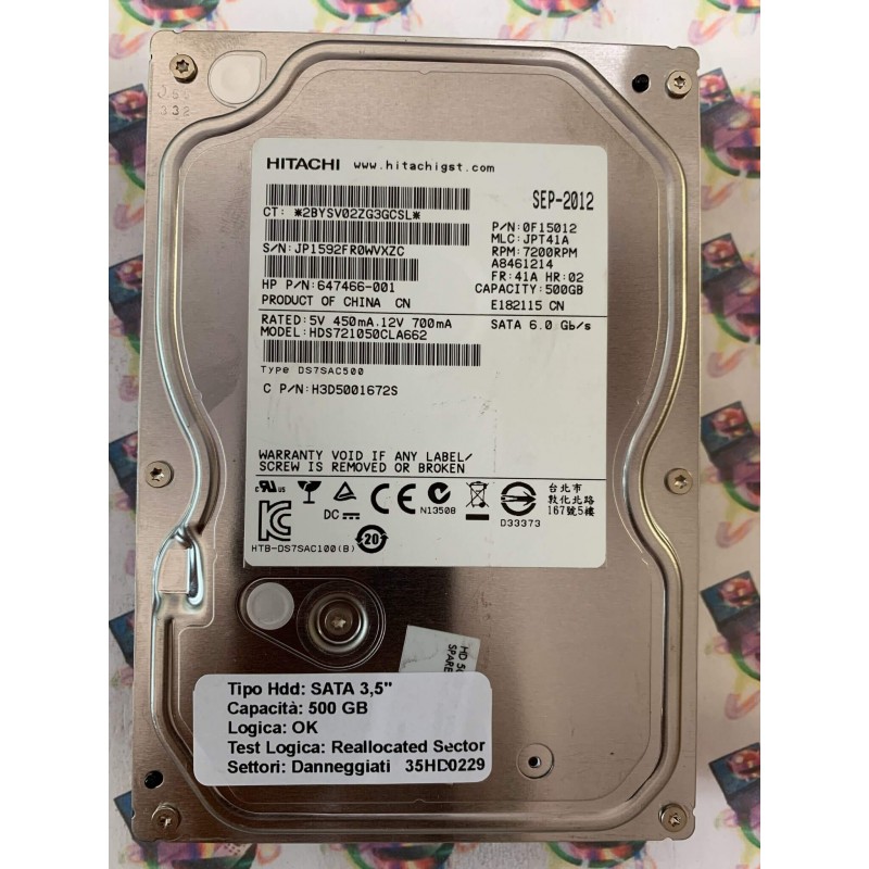 Hard Disk Usato Semifunzionante SATA 3,5" 500gb HITACHI HDS721050CLA662 647466-001 JPT41A 41A 02