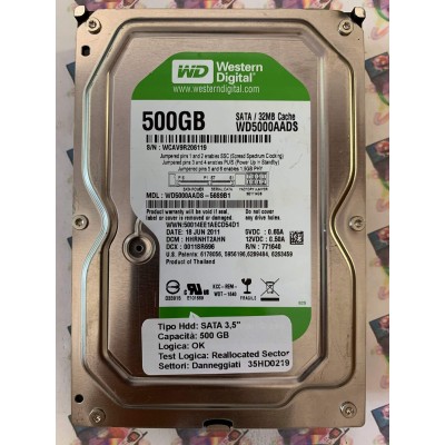 Hard Disk Usato Semifunzionante SATA 3,5" 500gb WESTERN DIGITAL WD5000AADS WD500AADS-56S9B1 HHRNHT2AHN 0011SR696 18 JUN 2011
