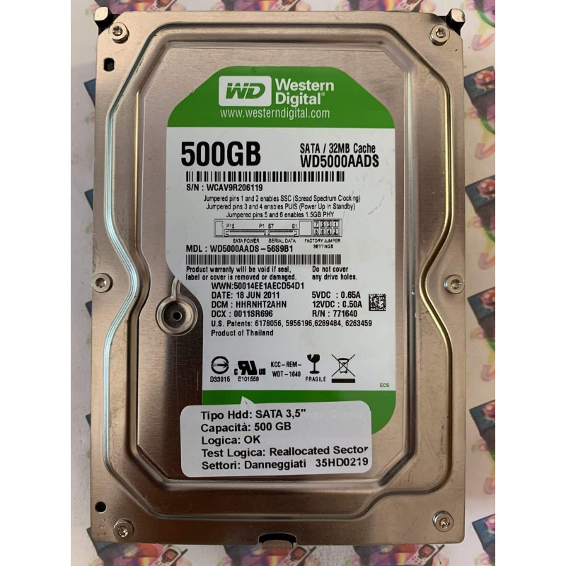 Hard Disk Usato Semifunzionante SATA 3,5" 500gb WESTERN DIGITAL WD5000AADS WD500AADS-56S9B1 HHRNHT2AHN 0011SR696 18 JUN 2011