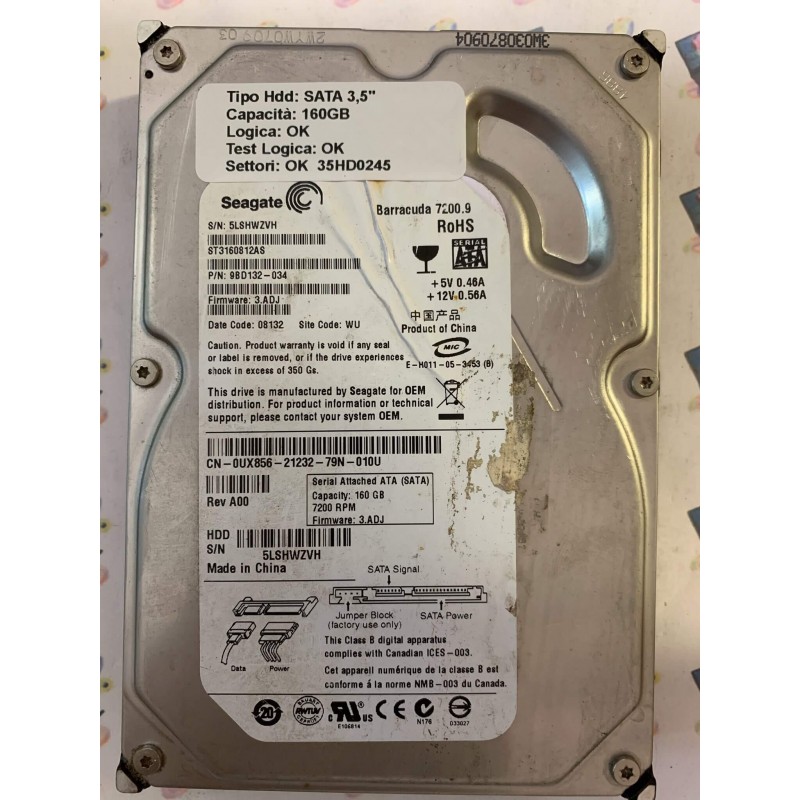 Hard Disk Usato Funzionante 100% Ok SATA 3,5" 160gb SEAGATE ST3160812AS 9BD132-034 3.ADJ 08132 WU 0UX856-21232-79N-010U