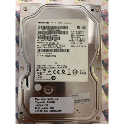 Hard Disk Usato Funzionante 100% Ok SATA 3,5" 250gb HITACHI HDS721025CLA682 647464-001 JPT41A 41A 02 SEP-2011