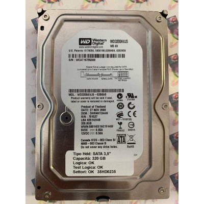 Hard Disk Usato Funzionante 100% Ok SATA 3,5" 320gb WESTERN DIGITAL WD3200AVJS WD3200AVJS-63B6A0 DHRNHT2AAN 701537 27 NOV 2008